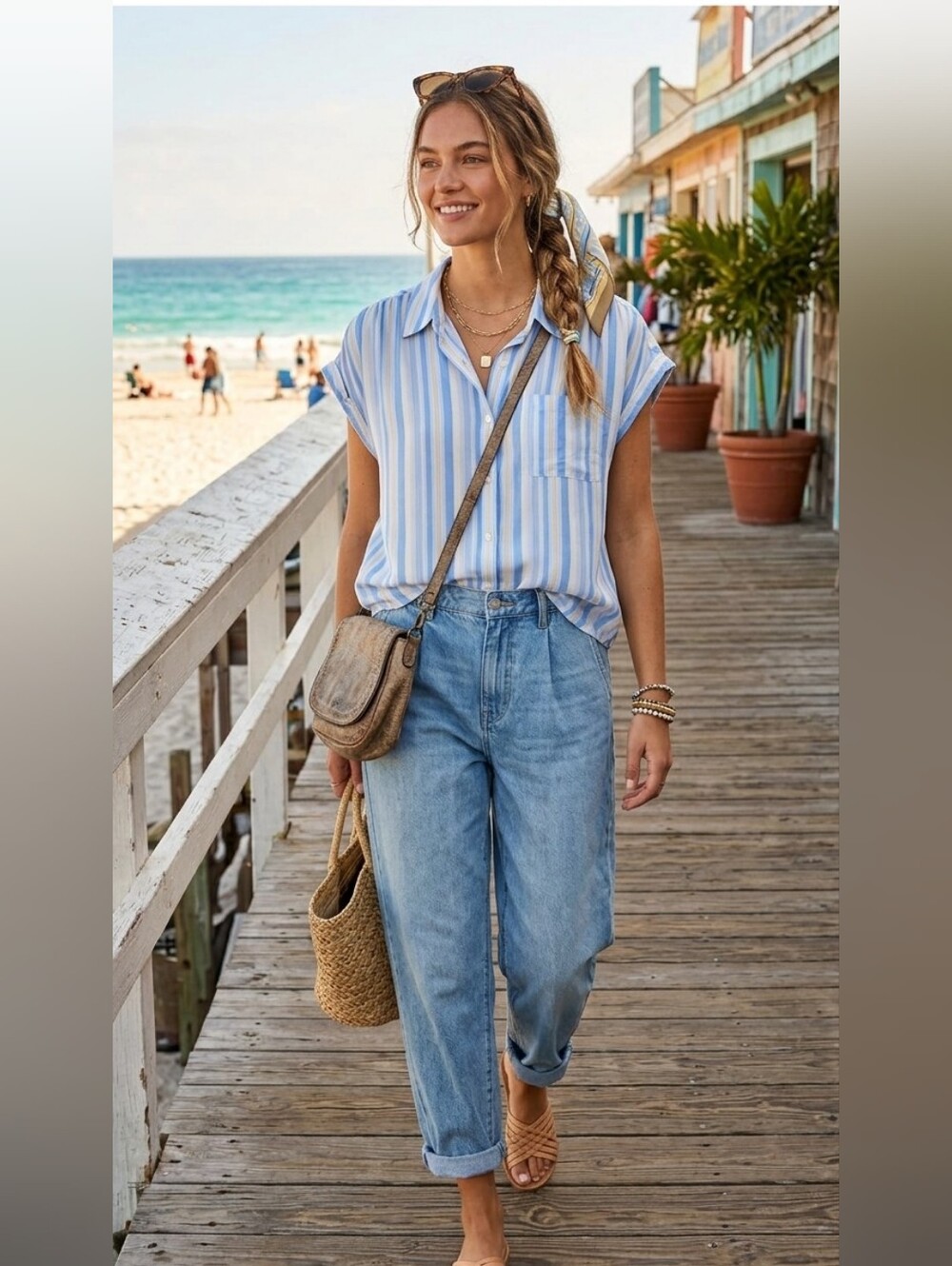 Olive & Oak Rayon Blue Yellow Striped Cap Sleeve Coastal Vacation Boho Blouse L